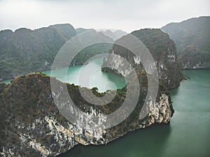 Ha long bay from the top. High rocks in water. Halong Vietnam