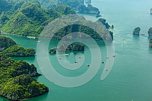 Ha Long Bay view from above, fisher farm in Halong bay