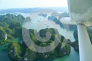 Ha Long Bay view from above, fisher farm in Halong bay