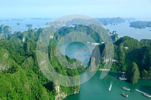 Ha Long Bay view from above, fisher farm in Halong bay