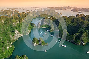 Ha Long Bay view from above, fisher farm in Halong bay