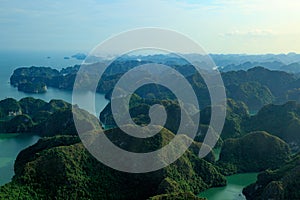 Ha Long Bay view from above, fisher farm in Halong bay