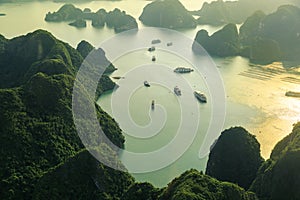 Ha Long Bay view from above, fisher farm in Halong bay