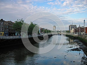 The Ha`penny Bridge spanning the River Liffey in Dublin