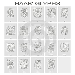 Haab Maya calendar named months and associated glyphs photo