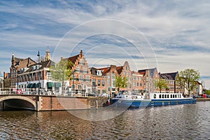 Haarlem Netherlands, city skyline at canal