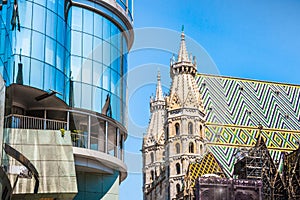 Haas Haus with St. Stephen`s Cathedral at Stephansplatz in Vienn