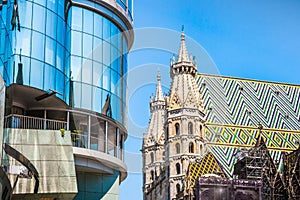 Haas Haus with St. Stephen`s Cathedral at Stephansplatz in Vienn photo