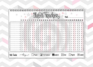 Habit tracker blank with hand written cute numbers and lettering. Bullet journal template. Monthly planer.
