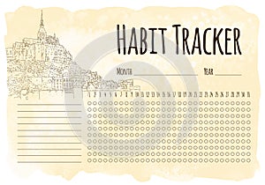 Habit tracker. City sketching. Line art silhouette. Travel card. Tourism concept. France, Mont Saint-Michel. Vector illustration