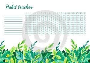 Habit tracker for month template. Tropical leaves themed blank, personal organizer with decorative frame.