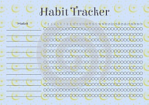 Habit tracker stationery design in blue-yellow colors. Monthly planner blank template with mystic eyes and moon