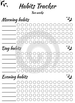 Habit tracker template for every day and different time of day. For filling by hand. Useful skills and habits, education. Tracking