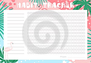 Habit tracker vector illustration, cartoon flat monthly planner journal blank for tracking habitual activity in tropical