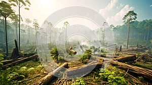 Habitat Destruction. Widespread forest clearing destroys vital habitats, disrupting ecological interactions, reducing biodiversity photo
