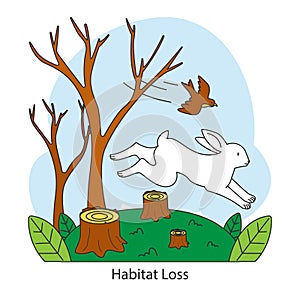 Habitat loss. Animals flee a deforested area. Tree stumps, a running