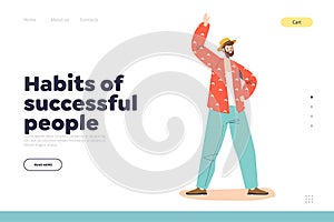 Habits of successful people concept of landing page with happy cheerful man with raised arm