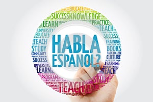 Habla Espanol? Speak Spanish? word cloud with marker, education business concept