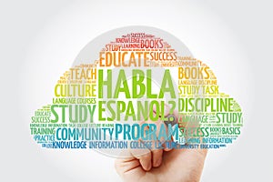 Habla Espanol? Speak Spanish? word cloud with marker, education business concept