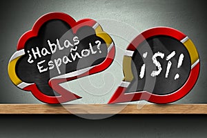 Hablas Espanol and Si - Two Speech Bubbles on Wooden Shelf