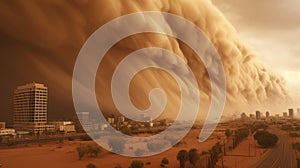 Haboob dust storm over city. Sand storm in desert of high altitude with cumulonimbus rain clouds.