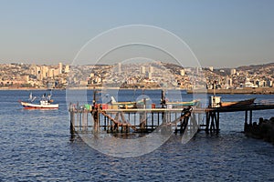 The habor of Valparaiso with traditional fishermen boats