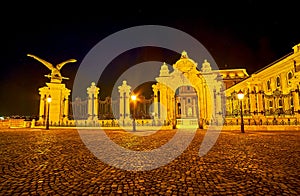 The Habsburg Gates with Turul statue on St George Square on Buda Hill, Budapest, Hungary