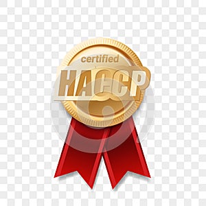 HACCP certified award ribbon, food safety and quality badge, vector golden medal. HACCP certificate gold guarantee stamp,