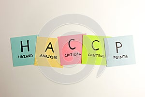 HACCP - Hazard Analysis Critical Control Point acronym handwritten on colorful sticky notes