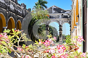 Hacienda courtyard with arches, palm trees and colorful flowers on a sunny day.