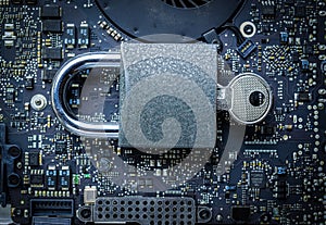 Hack security Data protection. Computer Internet safe with lock, key on microscheme chip. Concept image of security