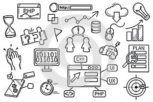 Hackathon doodle icons set of programming and develop software