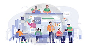 Hackathon isometric landing page. Team of computer programmers, project managers, graphic designers develop software, coding,...