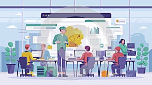 Hackathon isometric landing page. Team of computer programmers, project managers, graphic designers develop software, coding,...