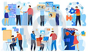 Hackathon project development in business, team programming set of vector illustration. Computer work on project