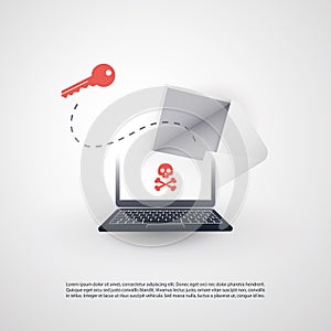 Hacked Laptop and Envelope with Skull and Crossbones Sign on the Screen - Virus, Malware, Ransomware, Fraud, Spam, Phishing