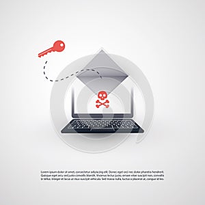 Hacked Laptop and Envelope with Skull and Crossbones Sign on the Screen - Virus, Malware, Ransomware, Fraud, Spam, Phishing