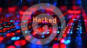 hacked text on Bits and bytes binary code on a dark background. Concept of hacking cybersecurity. ai generative
