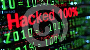 hacked text on Bits and bytes binary code on a dark background. Concept of hacking cybersecurity. ai generative