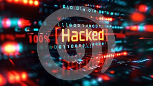 hacked text on Bits and bytes binary code on a dark background. Concept of hacking cybersecurity. ai generative
