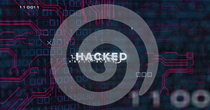 Hacked text image over digital circuit board and binary code background