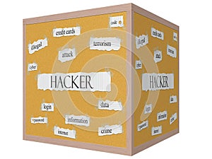 Hacker on a 3D cube Corkboard Word Concept