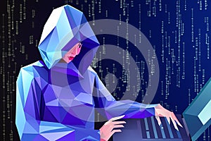 Hacker. Abstract polygonal hacker with laptop on technology dark background.