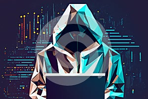 Hacker. Abstract polygonal hacker with laptop on technology dark background.