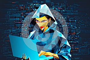 Hacker. Abstract polygonal hacker with laptop on technology dark background.