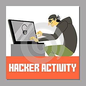 Hacker activity banner with hacker cracked pc password, flat vector illustration.