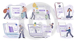 Hacker activity big set. Hacking computer. Phishing account, cyber attack on personal data