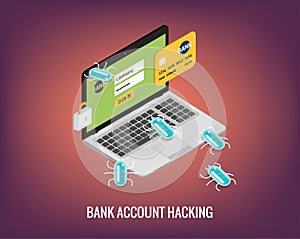Hacker activity computer and viruses bank account hacking flat illustration.
