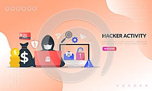 Hacker activity concept, security hacking, online theft, criminals, burglars wearing black masks, stealing personal information