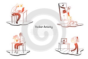 Hacker activity - hackers trying to destroy digital systems and get information vector concept set